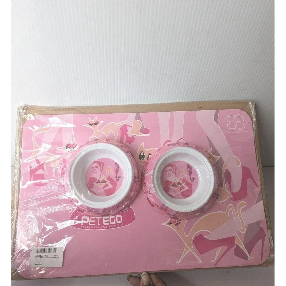 PetEgo Dog Cat Bowl Dish Placement Set Italian Style Whimsical Cartoon Pink NEW